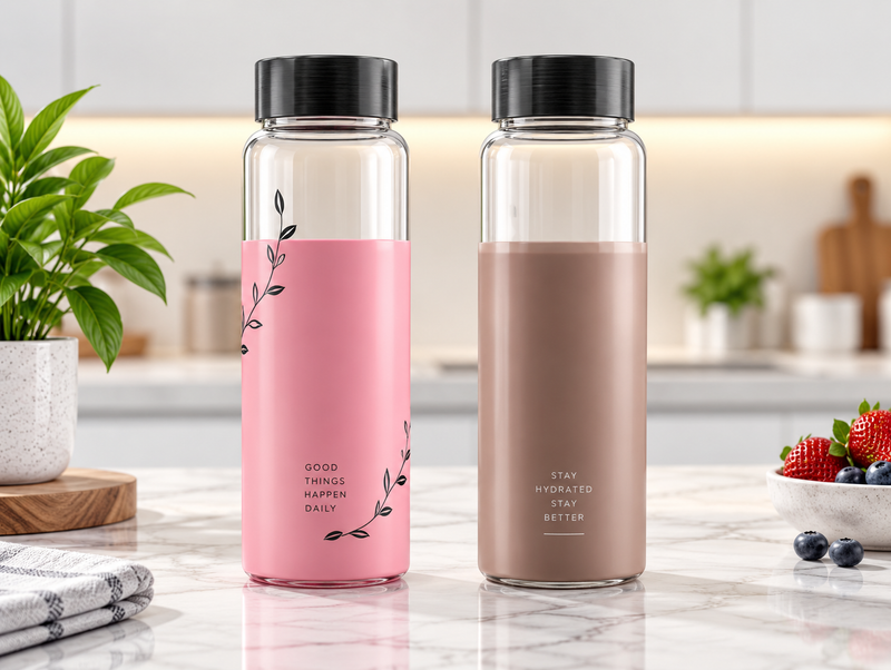 Decorative Glass Water Bottle with Black Lid
