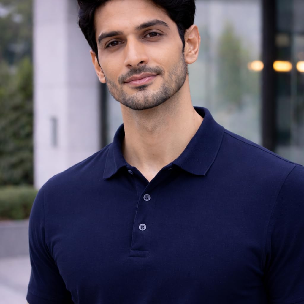 Man wearing a navy blue polo shirt outdoors