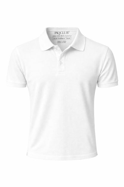White polo shirt with 'PIQCLUB' branding on a white background