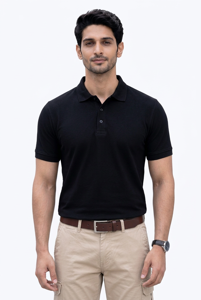 PiQCLUB Men's Solid Polo T-Shirt — Cotton, Regular Fit - Black