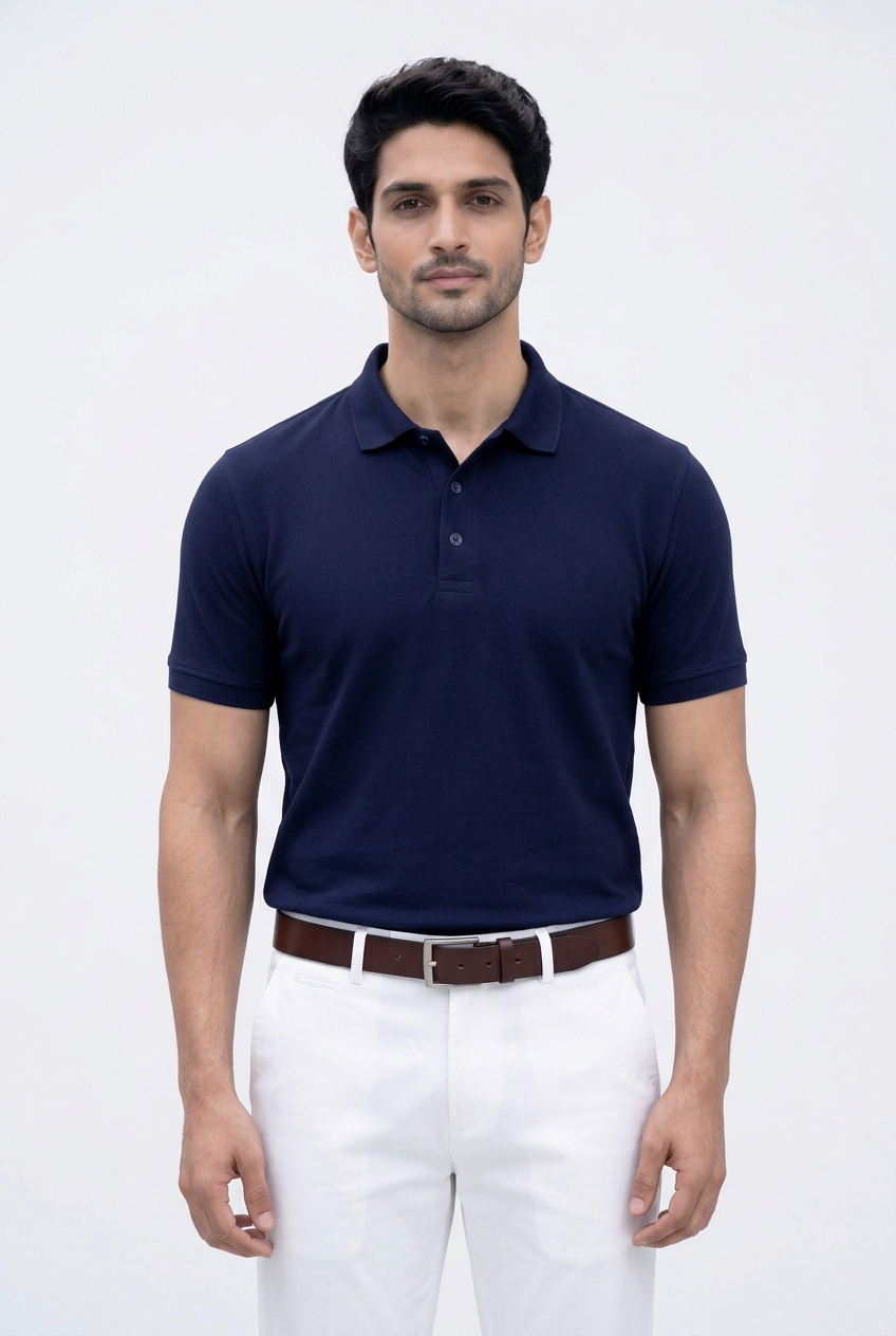PiQCLUB Men's Solid Polo T-Shirt — Cotton, Regular Fit - Navy Blue