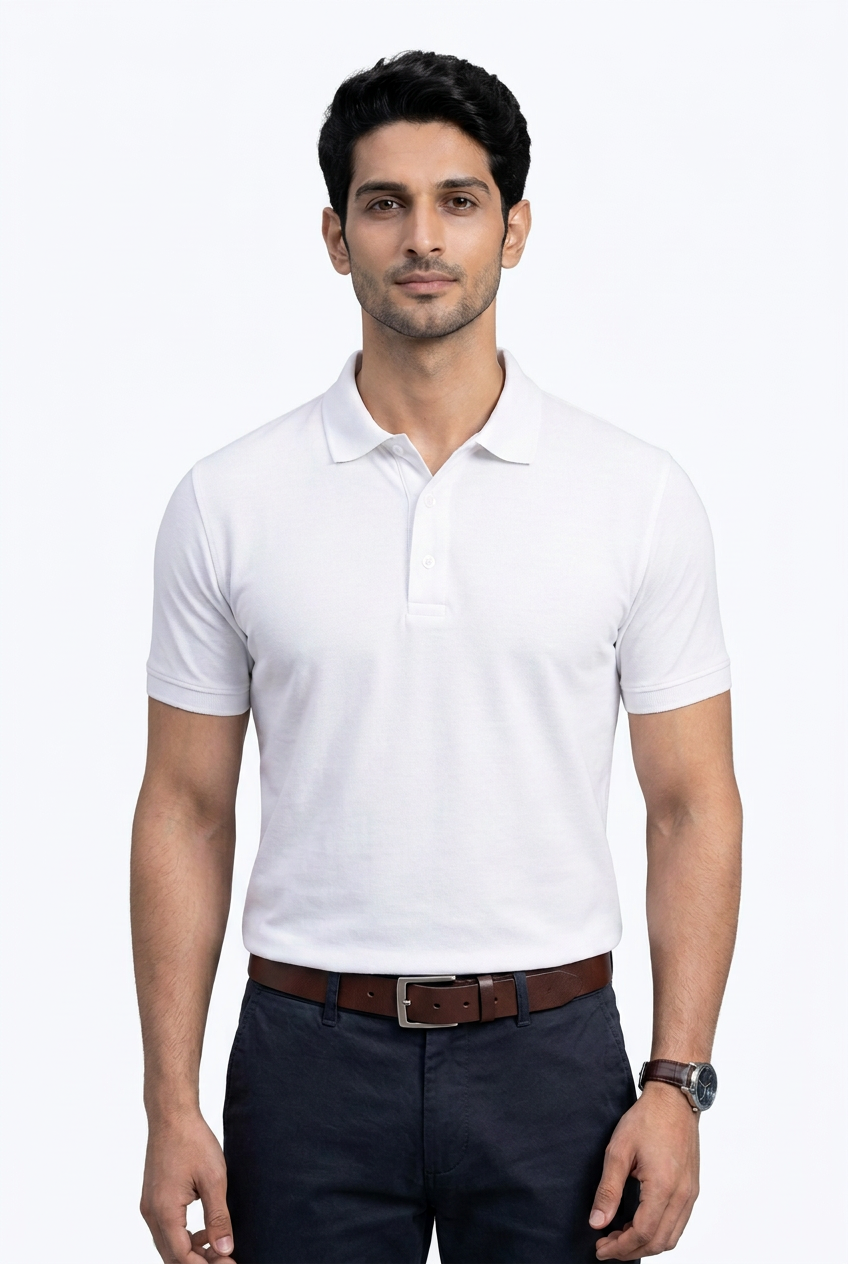 White polo with dark trousers